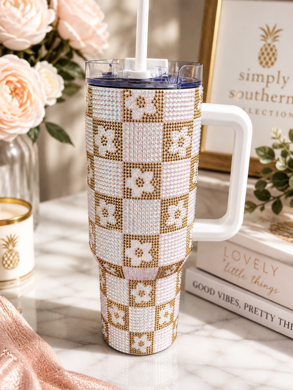 Simply Southern Sequin White/Gold Checkered Stainless Steel Tumbler 40 oz. New